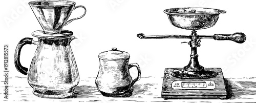 Vintage coffee brewing kit and dripper engraving for retro kitchen decor