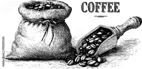Vintage coffee sack and scoop engraving illustration for retro label design