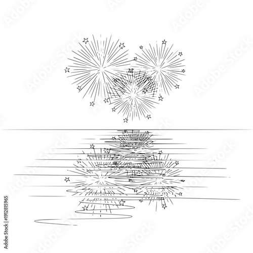 Fireworks exploding over water vector illustration explosion reflection black and white