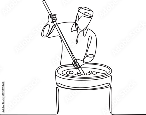 Winemaker harvesting grapes and making wine. Drawn winemaker stirring wine raw materials in a fermentation tank.one line victor illustration in white Background