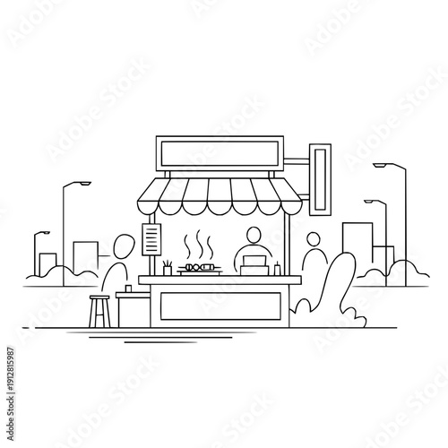 Street food cart vendor serving customers outdoor kitchen people eating cityscape