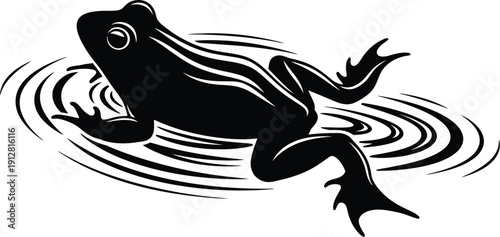 Black frog silhouette on water surface with ripples from jumping action viewed from above