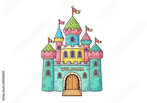 Colorful Castle with Towers and Flags.