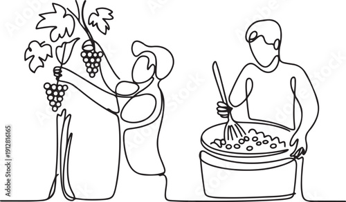 Winemaker harvesting grapes and making wine. Drawn winemaker stirring wine raw materials in a fermentation tank.one line victor illustration in white Background
