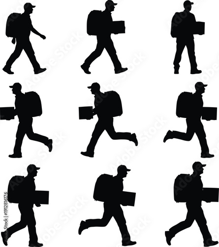 Courier Running With Parcel Multiple Pose Silhouette Set