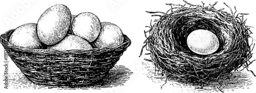 Vintage farm eggs in basket and straw nest hand-drawn engraving - rustic homestead decor