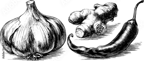 Vintage engraving of garlic bulb, ginger root, and chili pepper for culinary design