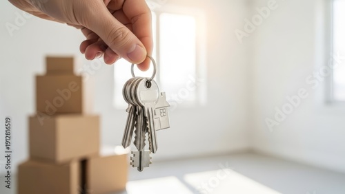 New homeowner holding silver keys in front of stacked moving boxes, perfect for mortgage advertisements and housing market articles.