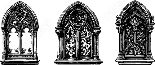 Gothic arch window designs set - ornate tracery elements for vintage architectural decor