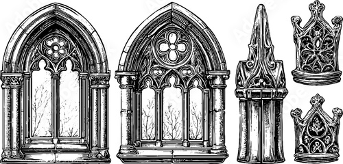 Gothic arch window and tracery engraving set for architectural design