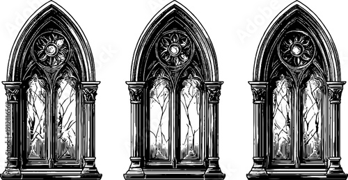 Gothic arch windows with tracery engraved illustration set for historical design