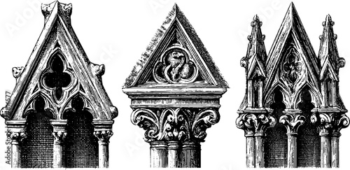 Vintage sketch set of gothic buttress and pinnacle for historical architecture design