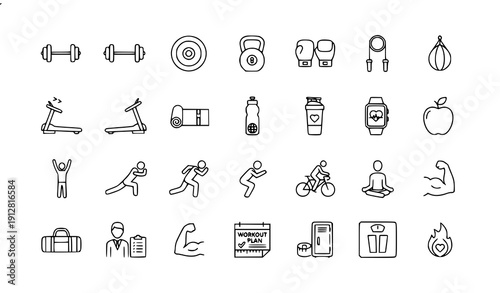 XXXZZZ  Fitness and Workout Icons Set – Minimal Black Line Wellness and Gym Collection