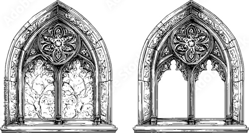 Gothic window and tracery set - intricate architectural design for historical art and decor