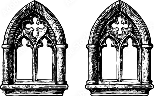 Vintage engraved illustration set of gothic windows and tracery for historical design projects