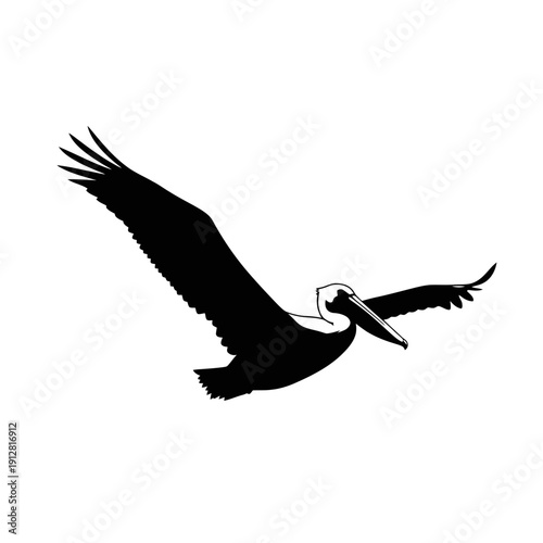 A silhouette of a pelican in flight with its beak open