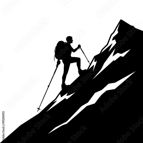 Silhouette of a hiker ascending a steep jagged mountain slope