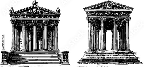 Vintage engraved illustration of greek temple pediment and column architecture for retro design