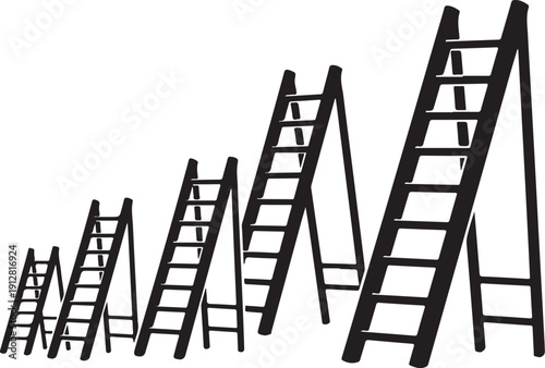 Ladders of different sizes and heights in a row