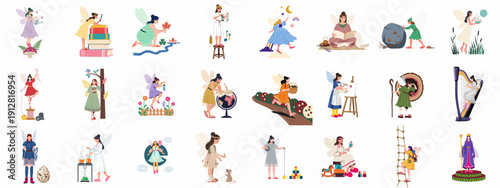 Diverse fairy characters illustrating a variety of professions and hobbies, including science, art, nature care, and magical fantasy occupations.