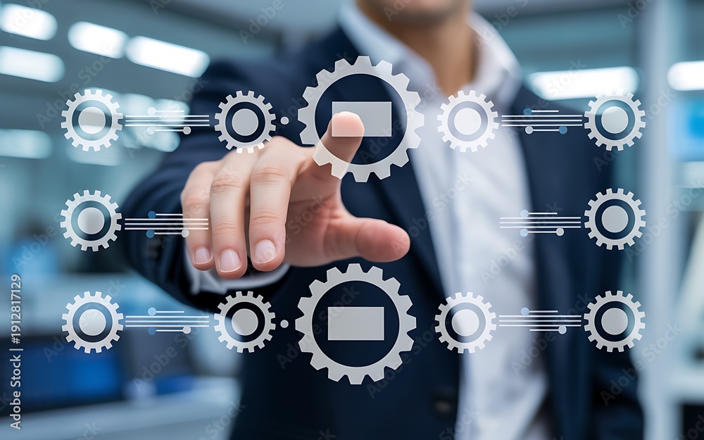 Obraz premium Businessman's hand interacting with a digital interface of gears and rectangular icons