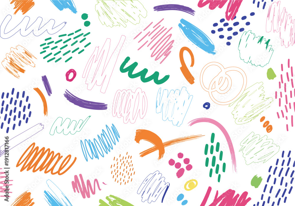 Fototapeta premium Playful Hand-Drawn Abstract Scribbles and Doodles in Bright Colors: Pink, Orange, Green, Blue, Purple, White