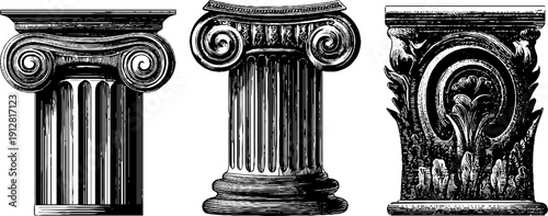 Architectural elements collection: ionic columns and volutes engraved design