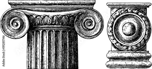 Engraved illustrations of ionic column elements for architectural design