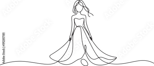 Young beautiful girl in a dress One Line Drawing Vector.