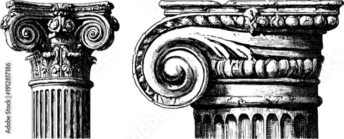 Vintage ionic column and volute sketch for architectural design