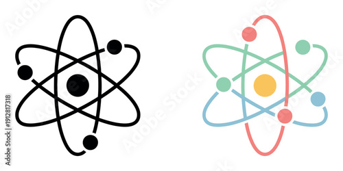 Atomic Physics Icon Collection featuring both black silhouettes and colorful versions of the classic Bohr model atom, perfect for science education, laboratory branding, and nuclear research graphics.