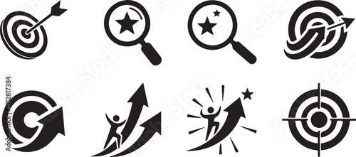 Business strategy and goal achievement icons in black and white