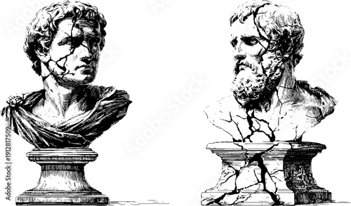 Vintage marble busts and pedestal engravings for retro design projects