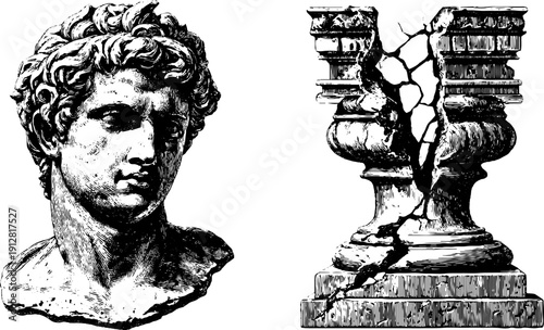 Vintage marble bust and cracked pedestal engraving illustration for retro design