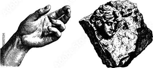 Vintage engraved illustration of marble statue arm and hand set for artistic design