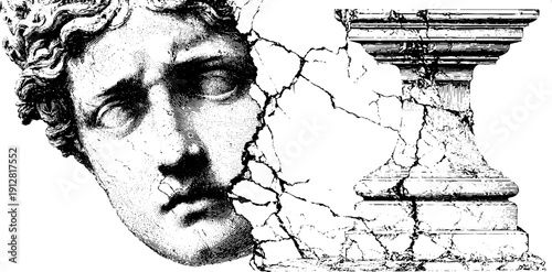Engraved marble statue face and cracked column sketch for retro design