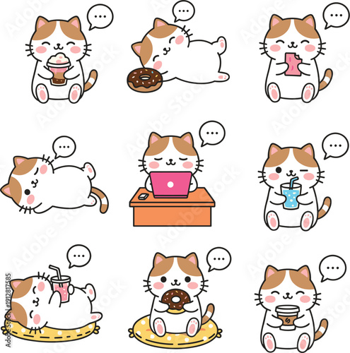 Cute cat character sticker set featuring various daily activities including working on laptop eating donuts drinking coffee and sleeping for digital planner design