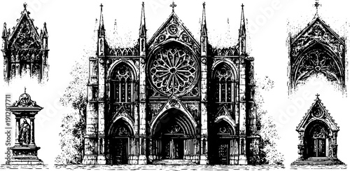 Medieval cathedral facade and architecture set for vintage design and historical study