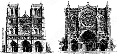 Medieval cathedral facades engraved illustration set for historical design