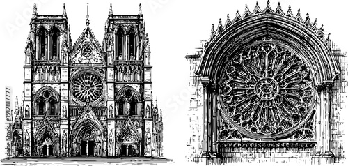 Medieval cathedral facade and rose window engraving - historical architecture