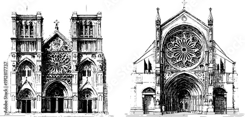 Medieval cathedral facades engraved illustration set for design and architectural study