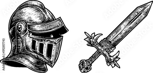 Medieval knights and helmets illustration set for historical design themes