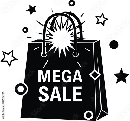 Mega sale shopping bag illustration with stars and sparkle elements for seasonal retail promotion