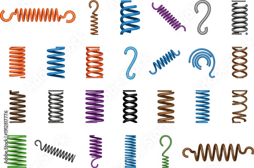 Assortment of colorful metal springs and coils in various shapes and sizes, ideal for mechanical or abstract design elements