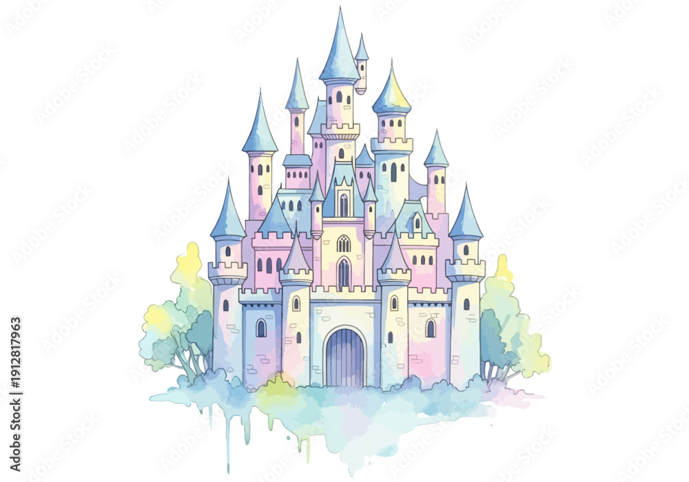 Fototapeta premium Fantasy castle with blue turrets towers.
