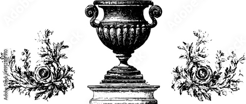 Vintage neoclassical urn and pedestal with ornamental details for elegant design projects