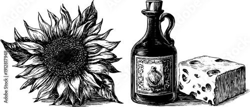 Engraved vintage set of olive oil bottle, sunflower, and cheese for retro design
