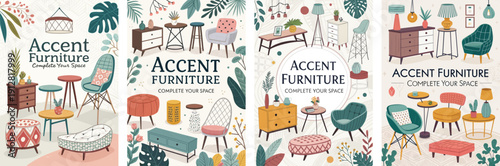 Colorful illustrations of accent furniture showcasing various styles and designs.