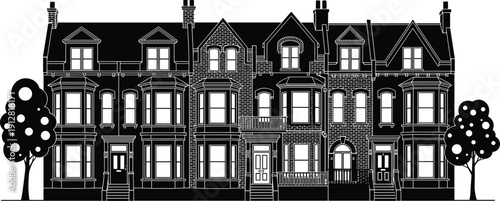 Classic Victorian terraced houses silhouette, traditional British architecture vector illustration, black and white residential street scene graphic