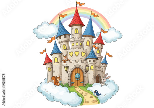 Fantasy Castle with Colorful Turrets Towers.